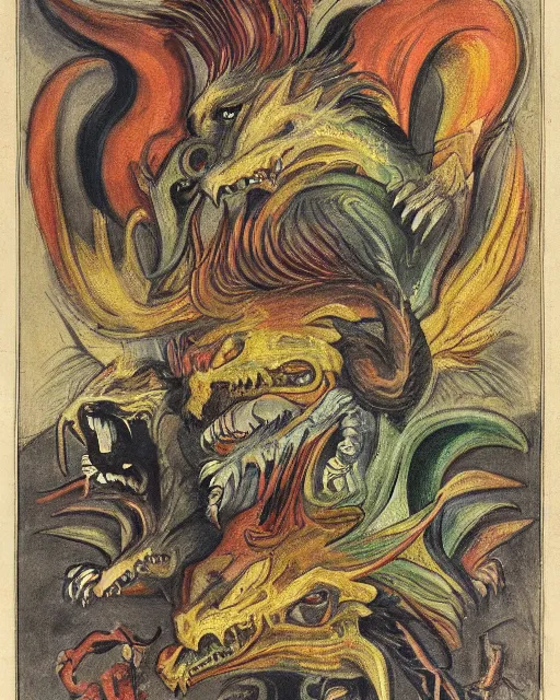 Image similar to a dragon with four heads. one human head, second eagle head, third lion head, fourth ox head. drawn by francis bacon