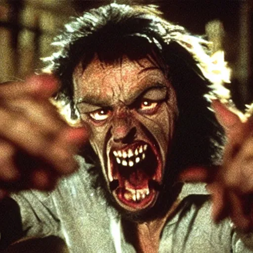 Image similar to film still of a werewolf extending out his hand in an american werewolf in london