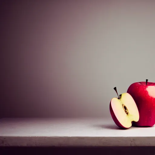 Prompt: photo a red apple on a white table, cinematic lighting, moody, bright tones, highly detailed