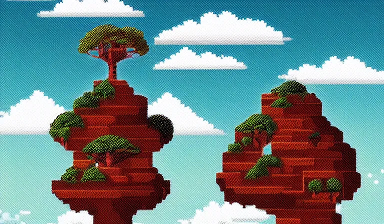 Image similar to a serene landscape with a singular building in the style of pixel art