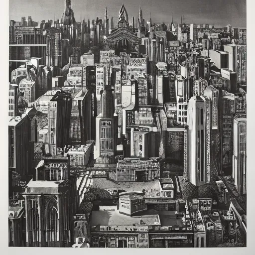 Image similar to by robert stivers, by faith ringgold curvaceous. a beautiful print of a cityscape with tall spires & delicate bridges.