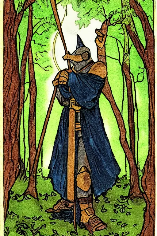 Prompt: tarot card of a shining knight that is lost in the woods and is followed by a shade