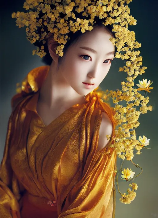 Image similar to Kodak Portra 400, 8K, soft light, volumetric lighting, highly detailed, Rena Nounen style 3/4 ,portrait photo of a Japanese ravishing Goddess by WLOP, the face emerges from a lava flowing gold travertine terraces with lotus flowers, inspired by Ophelia paint , a beautiful chic dress and hair are intricate with highly detailed realistic beautiful flowers , Realistic, Refined, Highly Detailed, ethereal lighting colors scheme, outdoor fine art photography, Hyper realistic, photo realistic