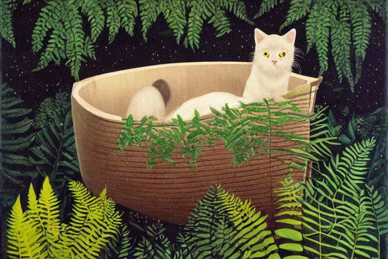 Prompt: cat in a boat, ferns, jungle, night, stars, highly detailed, unreal engine render concept art, trending on artstation, style of henri rousseau and howard arkley