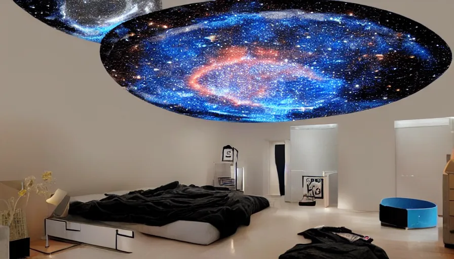 Image similar to diy arts and crafts project of a quatum generator projecting galaxies and black holes on your ceiling, realistic materials, hyperrealistic