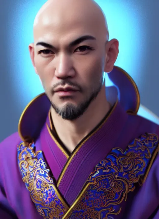 Prompt: bald male martial artist with a high ponytail!!!! asian facial features and blue eyes!! intricate ornate blue robes!! character concept art, sharp focus, octane render! unreal engine 5! highly rendered!! trending on artstation!! detailed linework!! illustration by artgerm, wlop, and chie yoshii