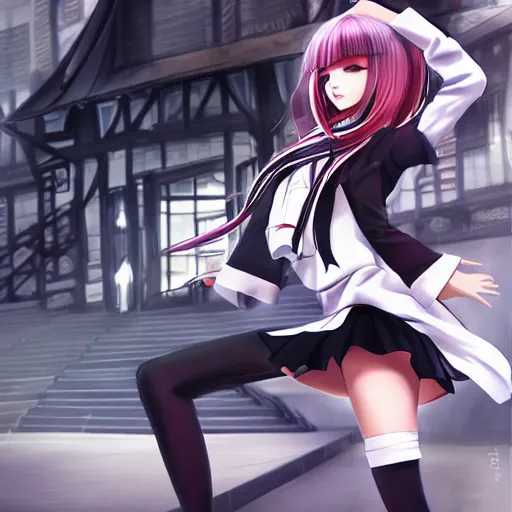 Image similar to luxury advertisement, astonishing artwork of a very beautiful dancing anime schoolgirl with black bob hair in style of cytus and deemo, full perfect face, she is dancing, set in Half-life. Realistic, highly detailed background, Pixiv, 120 degree view, drawn by Sasoura, Satchely and Akihiko Yoshida, no distortion