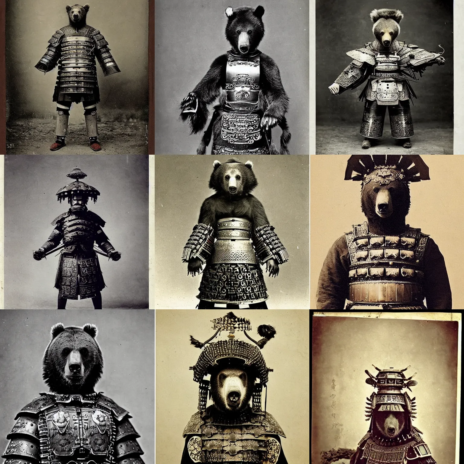 Image similar to “grizzly bear in full ornate samurai armour, 1900’s photo”