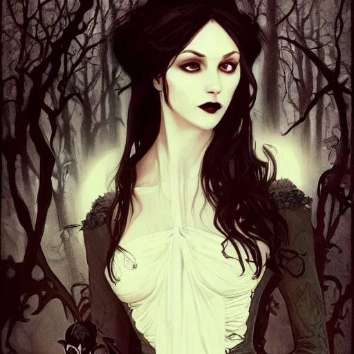 Prompt: Gothic beautiful vampire woman with captivating stare mistress of death mourning widow, white victorian dress, faint smile, shoulder over face, in foggy smoke forest, trending artstation, detailed fantasy portrait academic, sharp focus, alphonse mucha