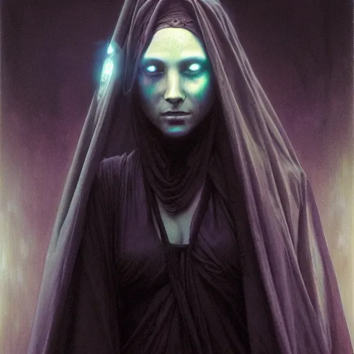 Image similar to awe-inspiring award-winning concept art painting of attractive figure in black shrouds called the ghost of the moonbow queen, rainbow, by Michael Whelan, William Adolphe Bouguereau, John Williams Waterhouse, and Donato Giancola, cyberpunk, extremely moody lighting, glowing light and shadow, atmospheric, shadowy, cinematic, 8K
