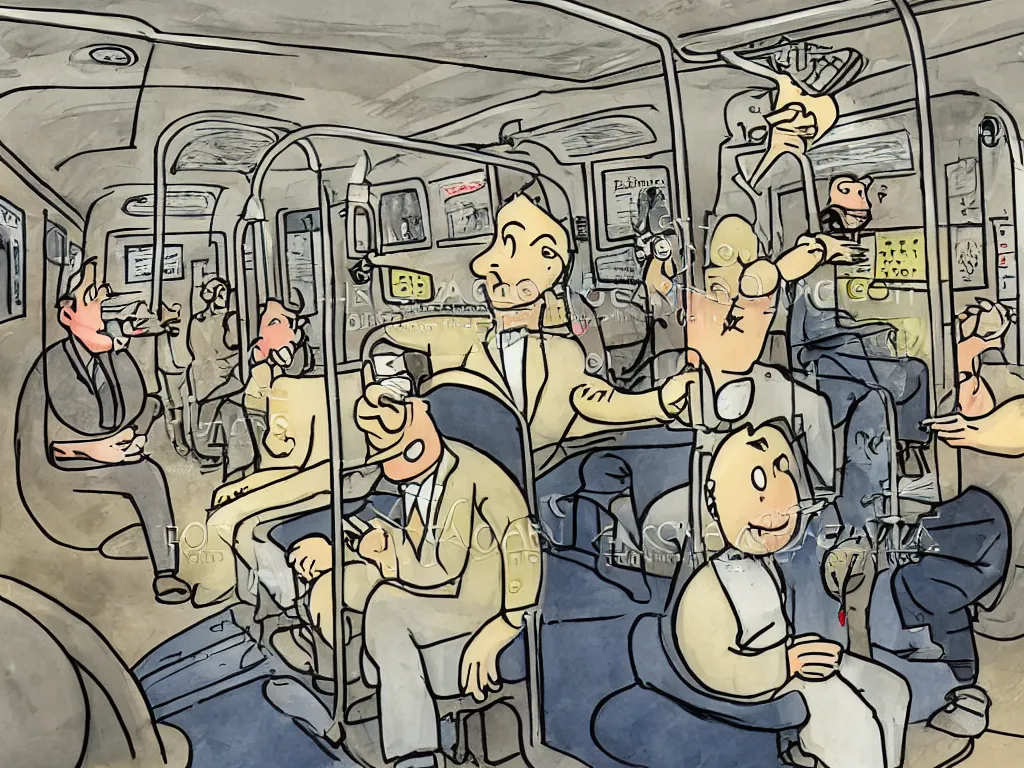 Image similar to (a flat shaded cartoon man in the style of Berkeley breathed), (sitting in a photo real Chicago subway car)