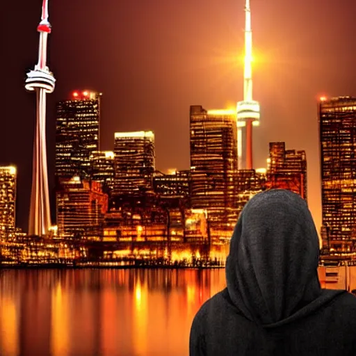 Prompt: Toronto tourist guide with planet mars as a head, dramatic cinematic lighting, Toronto landmarks background