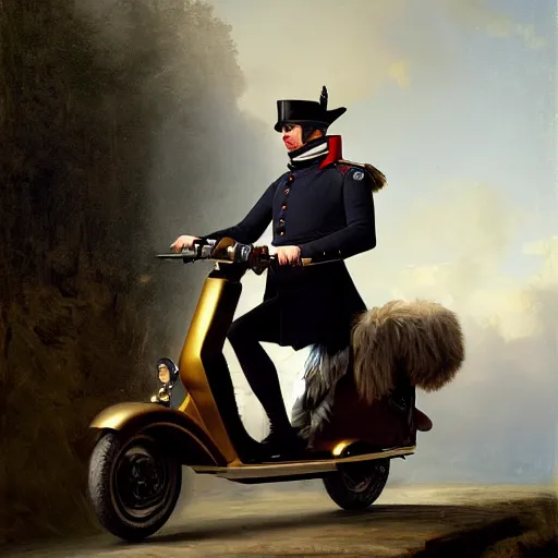 Prompt: Napoleon Bonaparte on his new electric scooter by Jeremy Lipkin and Giuseppe Dangelico Pino, oil on canvas, epic pose, cinematic, poster, 8k