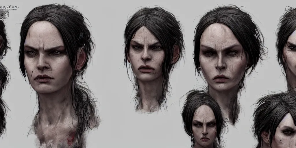 Image similar to gothic character face detail designs, Enki Bilal, Greg Rutkowski, character sheet, Darek Zabrocki, Karlkka, Jayison Devadas, Phuoc Quan, trending on Artstation, 8K, ultra wide angle, pincushion lens effect