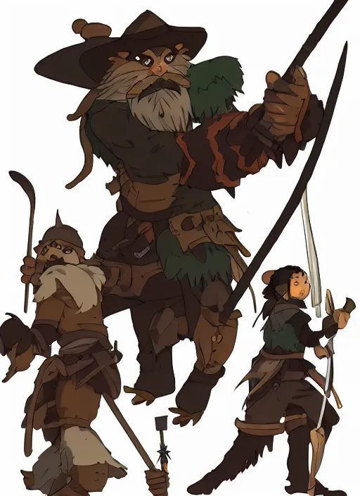 Image similar to bugbear ranger, black beard, dungeons and dragons, hunters gear, flames, character design on white background, by studio ghibli, makoto shinkai