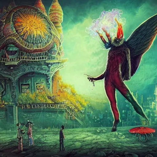 Image similar to 8K headshot Portrait of centered chest up of a psychedelic godlike mothman with giant mandala wings smoking a hand-rolled cigarette smoking heavily , magic mushroom village in background , post-processing , award winning. superb resolution. in the art style of Tony Takezaki and Greg Rutkowski . Detailed Mushroom city in background. Hyper realistic anime. Perfect art. Dalle2