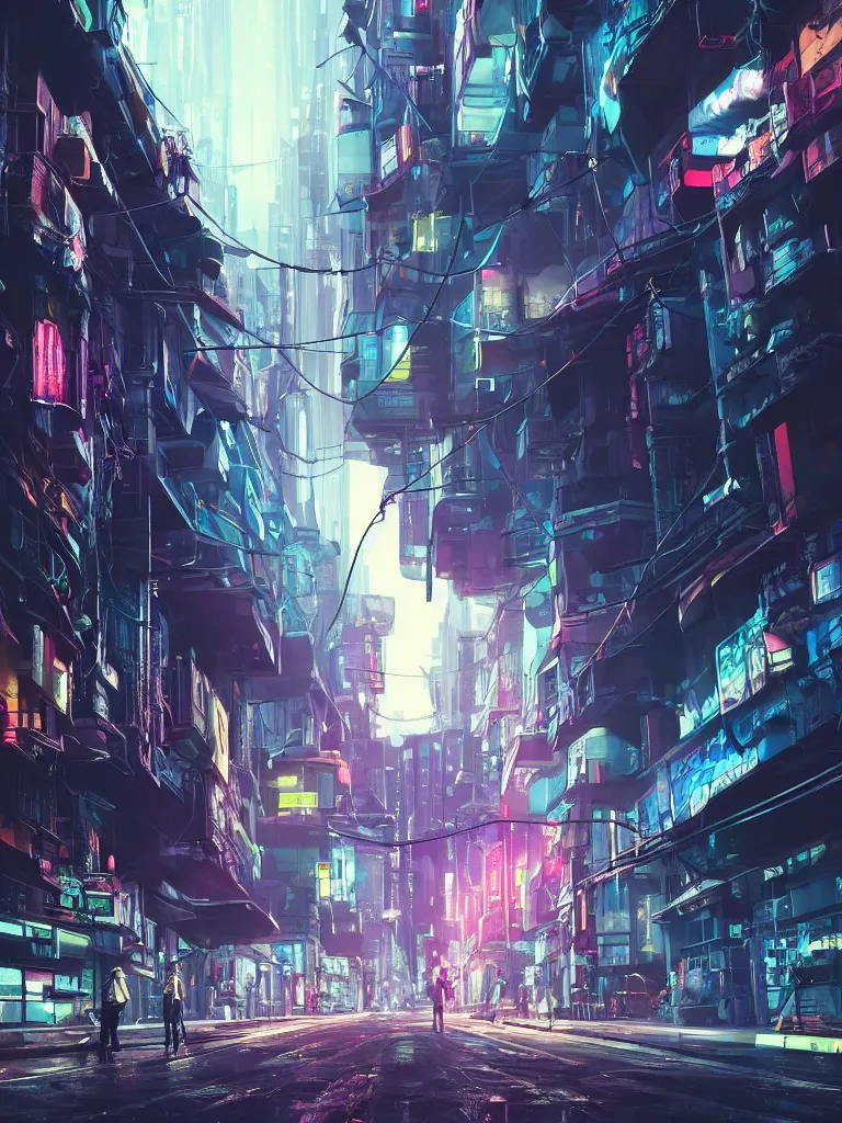 Image similar to futuristic cyberpunk street, hanging cables, narrow, garbage on the ground. rain. fog, haze, evening. led screens. golden hour. volumetric lighting. cables on the ground. very messy. futuristic. photorealistic. artstation. anime. studio gimbli style