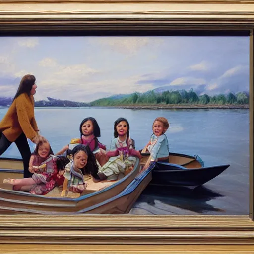 Prompt: The land art depicts a group of well-dressed women and children enjoying a leisurely boat ride on a calm day. The women are chatting and laughing while the children play with a toy boat in the foreground. alternate dimensions by Tibor Nagy, by Ken Kelly angular, doom