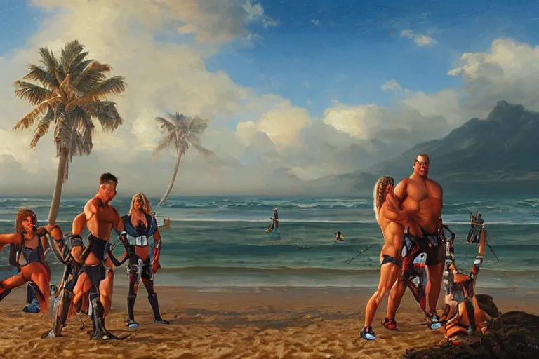 Image similar to portrait of american gladiators malibu and nitro on the beach, an oil painting by ross tran and thomas kincade