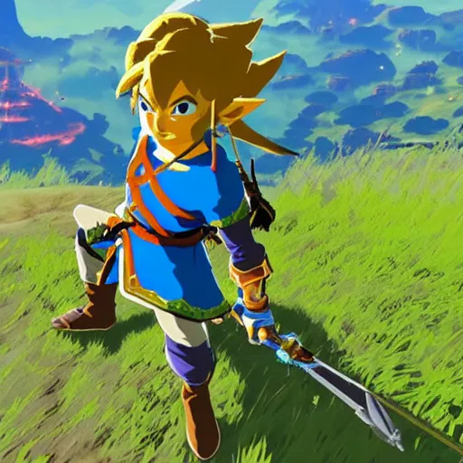 Prompt: a screencap of the legend of zelda breath of the wild, of goku in breath of the wild