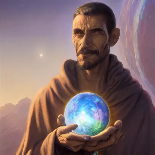 Image similar to male nomad wearing a cloak on an alien world and holding a holographic planet projection in his hand, covered face, detailed, sci - fi, digital painting, artstation, sharp focus, illustration, artgerm, tomasz alen kopera, peter mohrbacher, donato giancola, joseph christian leyendecker, wlop, frank frazetta