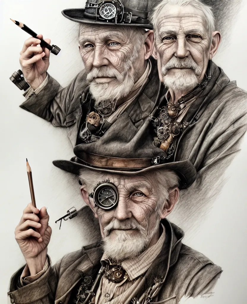 Image similar to hyper realistic full figure pencil drawing of an older man steampunk, water color, detailed, rim light, diffused, intricate, by anna dittmann,