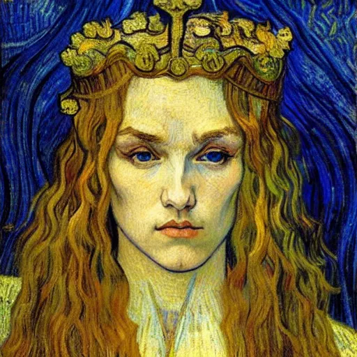 Image similar to detailed realistic beautiful young medieval queen face portrait by jean delville and vincent van gogh, art nouveau, symbolist, visionary, gothic, pre - raphaelite