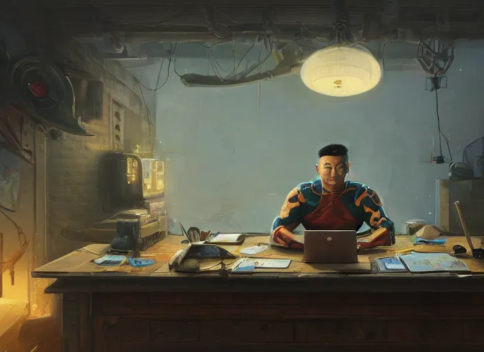 Image similar to an insanely detailed painting of an asian man wearing a homemade superhero costume, sitting at a desk, staring seriously at the computer and typing, in the style of peter mohrbacher, dramatic lighting and composition, surreal background, octane render, pixar, trending on artstation, concept art, comic book, view from behind, 8 k