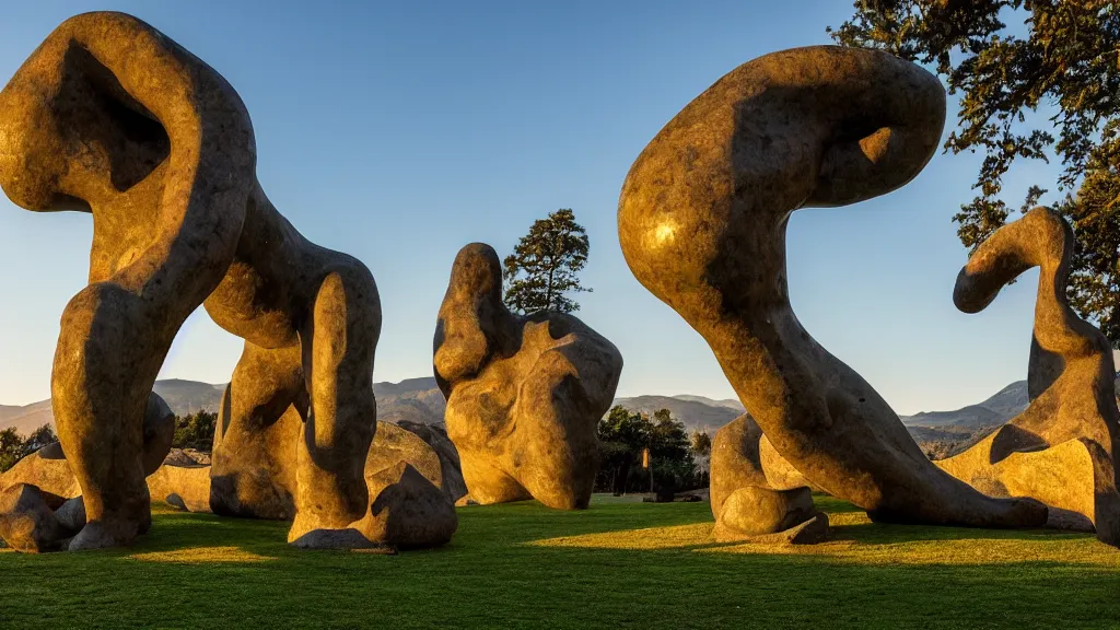 Prompt: a colossal abstract granite sculpture garden by Michelangelo an Henry Moore, on a green lawn, distant mountains, golden hour, 8k, DSLR Camera, Enormous creatures augment my desire