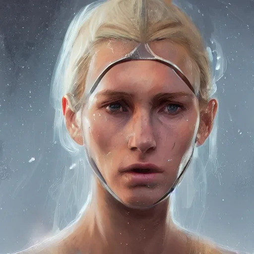 Image similar to portrait of a woman by greg rutkowski, she is about 3 0 years old, slavic, pretty, blond hair with two strans around her face, devastated expression, helplessness and denial, she is wearing a futuristic space gear, highly detailed portrait, digital painting, artstation, concept art, smooth, sharp foccus ilustration, artstation hq.