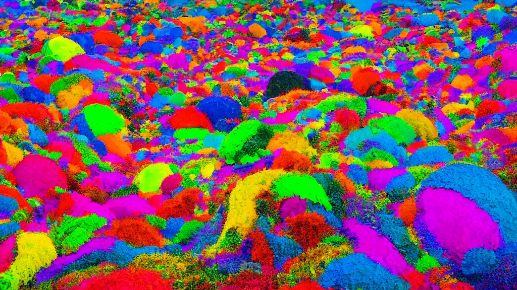 Prompt: a photograph of a crazy unexpected landscape, bright colors, detailed