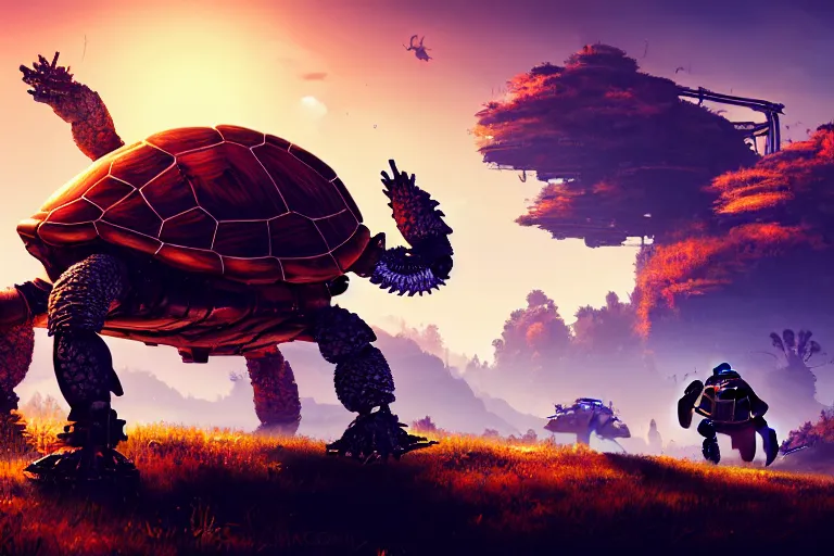 Image similar to turtle machine mecanical creature robot of horizon forbidden west horizon zero dawn radiating a glowing aura global illumination ray tracing hdr fanart arstation by ian pesty and alena aenami artworks in 4 k