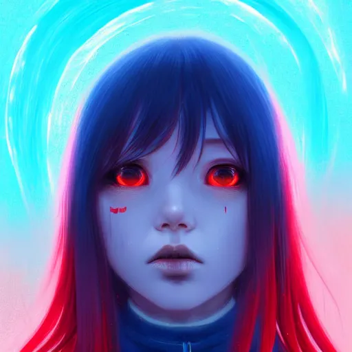 Image similar to red water swirling around rimuru tempest crying, enveloped in ghosts, sky blue straight hair, bangs, with amber eyes, black jacket, high collar, ultra fine detaile, dark theme, digital painting, psychedelic, cinematic, wlop, pixiv, ilya kuvshinov, ross tran