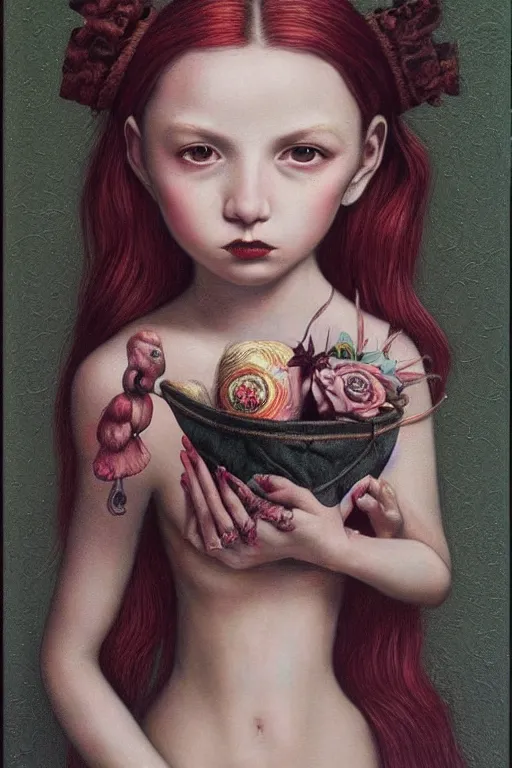 Prompt: pop surrealism, lowbrow art, realistic cute girl painting, hyper realism, victorian fashion, muted colors, trevor brown, mark ryden style