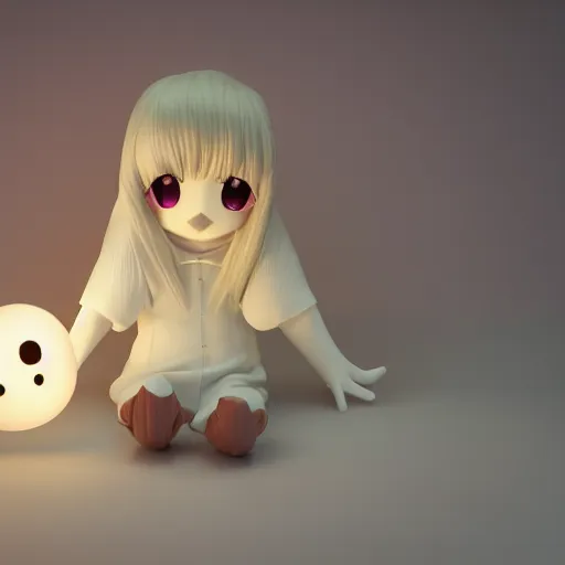 Prompt: cute fumo plush of a girl who summoned an imaginary friend using an ouija board, ghost, outline glow, vray