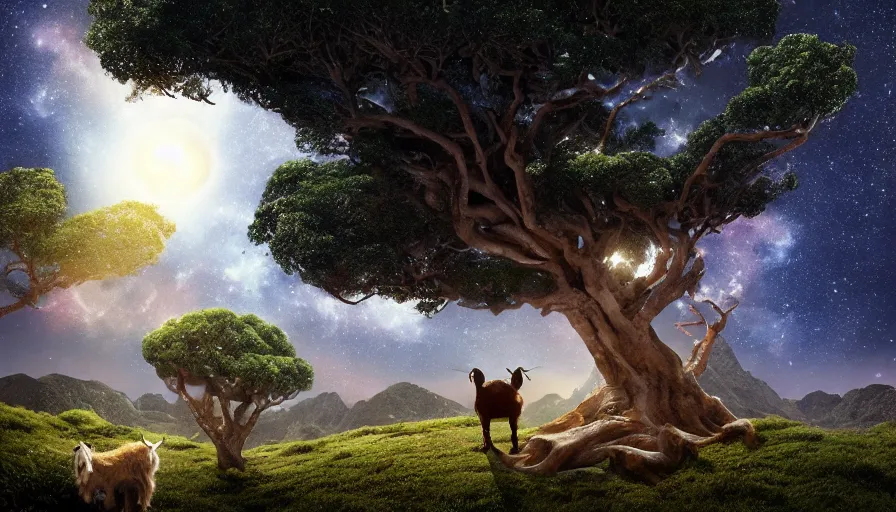 Image similar to very very small goat, sitting on a gigantic banyan tree in moonlit socotra island by ilya kuvshinov, starry night, rtx rendering, octane render 1 2 8 k, maya, extreme high intricate details by tom bagshaw, medium shot, close up shot, composition by sana takeda, lighting by greg rutkowski