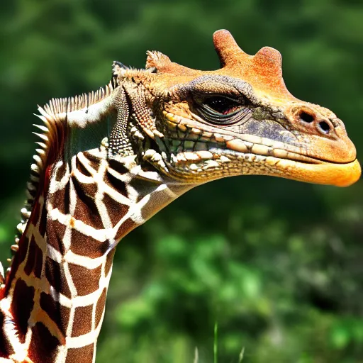 Image similar to nature photograph of a giraffe iguana!! hybrid, bold natural colors, masterpiece, trending on artstation, photograph