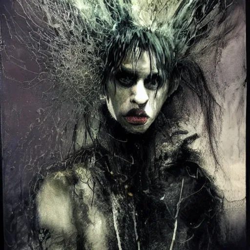 Image similar to stunning portrait of gaunt nik cave a ( the cure fan ) as dream from sandman, dim stars as eyes, by jeremy mann, by cedric peyravernay, by by russ mills, by richard avedon and ben templesmith, dramatic lightning, sadness, dark eye sockets, in the shadows, punk rock, gothic, high detailed, 8 k