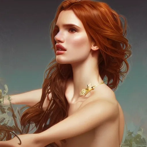 Image similar to ultra realistic illustration, bella thorne as tinder, intricate, elegant, highly detailed, digital painting, artstation, concept art, smooth, sharp focus, illustration, art by artgerm and greg rutkowski and alphonse mucha