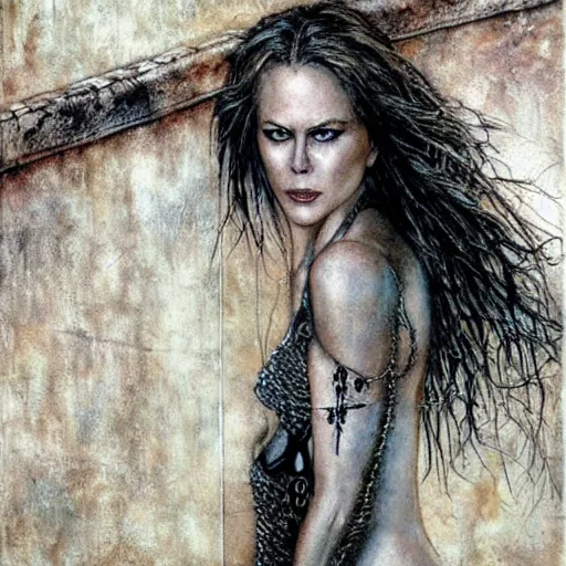 Prompt: nicole kidman chained to a wall wearing a bikini, in a dungeon, beautiful painting, by luis royo, beautiful detailed body and face