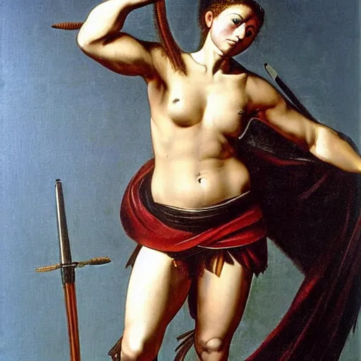 Prompt: full body painting of a muscular female greek warrior, by caravaggio