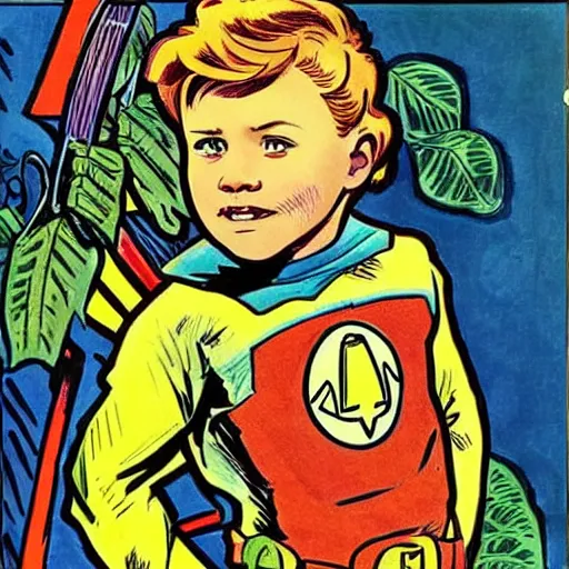 Image similar to a cute little boy with a mischievous face and ginger hair. he is dressed as a superhero. well composed, clean elegant painting, beautiful detailed face. comic book art by steve ditko and jack kirby and ( alphonse mucha )