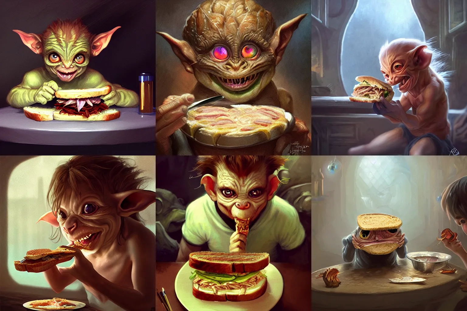 Prompt: small goblin creature with bulbous eyes eating a tuna sandwich in a dorm room, D&D, fantasy, intricate, cinematic lighting, highly detailed, digital painting, artstation, concept art, smooth, sharp focus, illustration, art by Artgerm and Greg Rutkowski and Alphonse Mucha