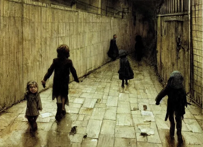 Image similar to dark alley full of poor children who live on the street, painting by andrew wyeth and alan lee, very detailed, somber mood,