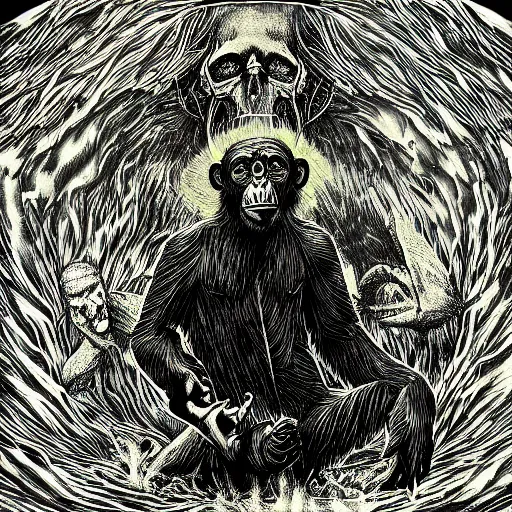 Image similar to chimpanzee descending from heaven, in the style of deathspell omega's fas album cover, illustration, detailed