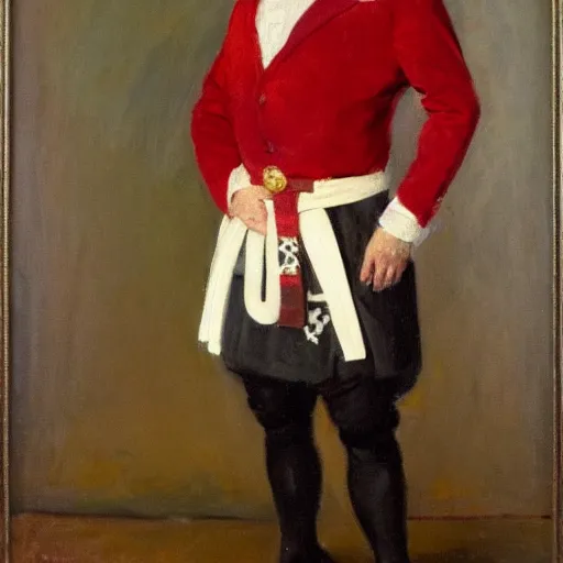 Image similar to the honorable duke, a 5 0 year old man in traditional german noble attire, red and white belt on top of his suit, oil on canvas, 1 9 0 5