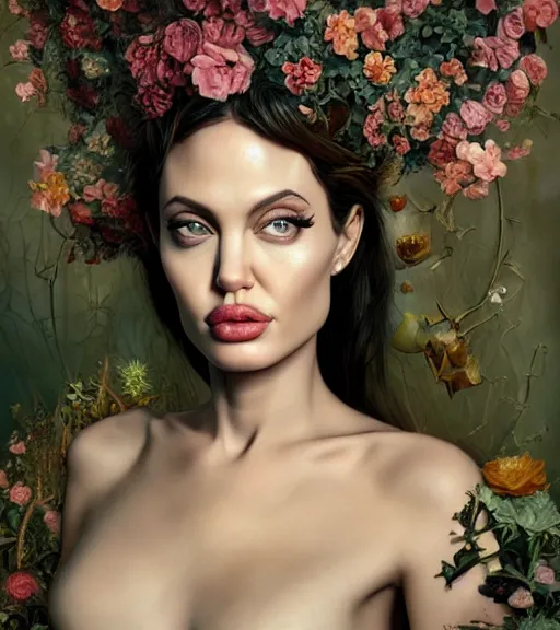 Image similar to portrait of the young angelina jolie of the underworld, surrounded by flowers by karol bak, james jean, tom bagshaw, rococo, trending on artstation, cinematic lighting, hyper realism, octane render, 8 k, hyper detailed.