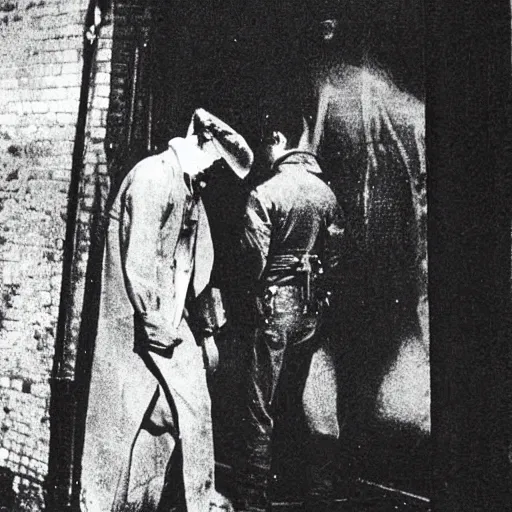 Prompt: 1980 photograph of a crime scene of the serial killer Jack the Ripper, unsettling, creepy, horrific, gruesome