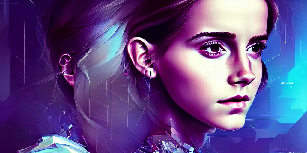 Image similar to hyperrealistic portrait of Emma Watson, full body portrait, well lit, intricate abstract. cyberpunk, intricate artwork, by Tooth Wu, wlop, beeple, in the style of Jin Kagetsu, James Jean and wlop, highly detailed, sharp focus, intricate concept art, digital painting, ambient lighting