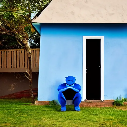 Image similar to a blue guy sitting in a blue chair, blue house, outside, blue woman, blue dog, blue cat, blue car, 4k
